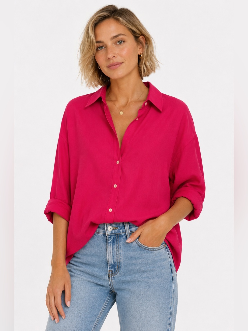 Zara Fuchsia Poplin Oversized Button-Down Shirt – Barely Worn (Size XS)